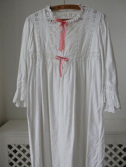 1890s Victorian White Cotton Nightdress with Ribbons