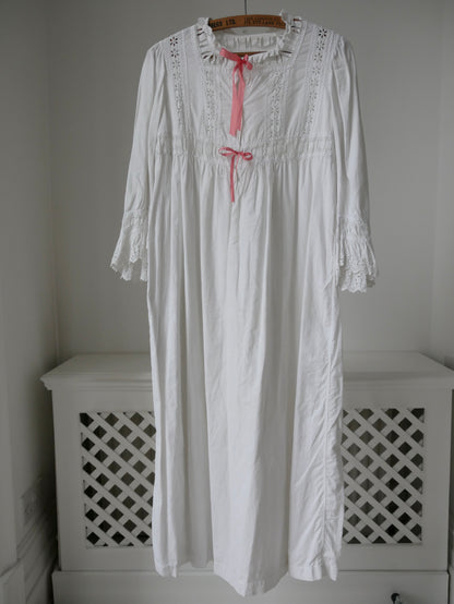 1890s Victorian White Cotton Nightdress with Ribbons