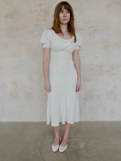 1930s Grey Toned Ivory Crepe Bias Cut Dress