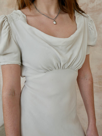 1930s Grey Toned Ivory Crepe Bias Cut Dress