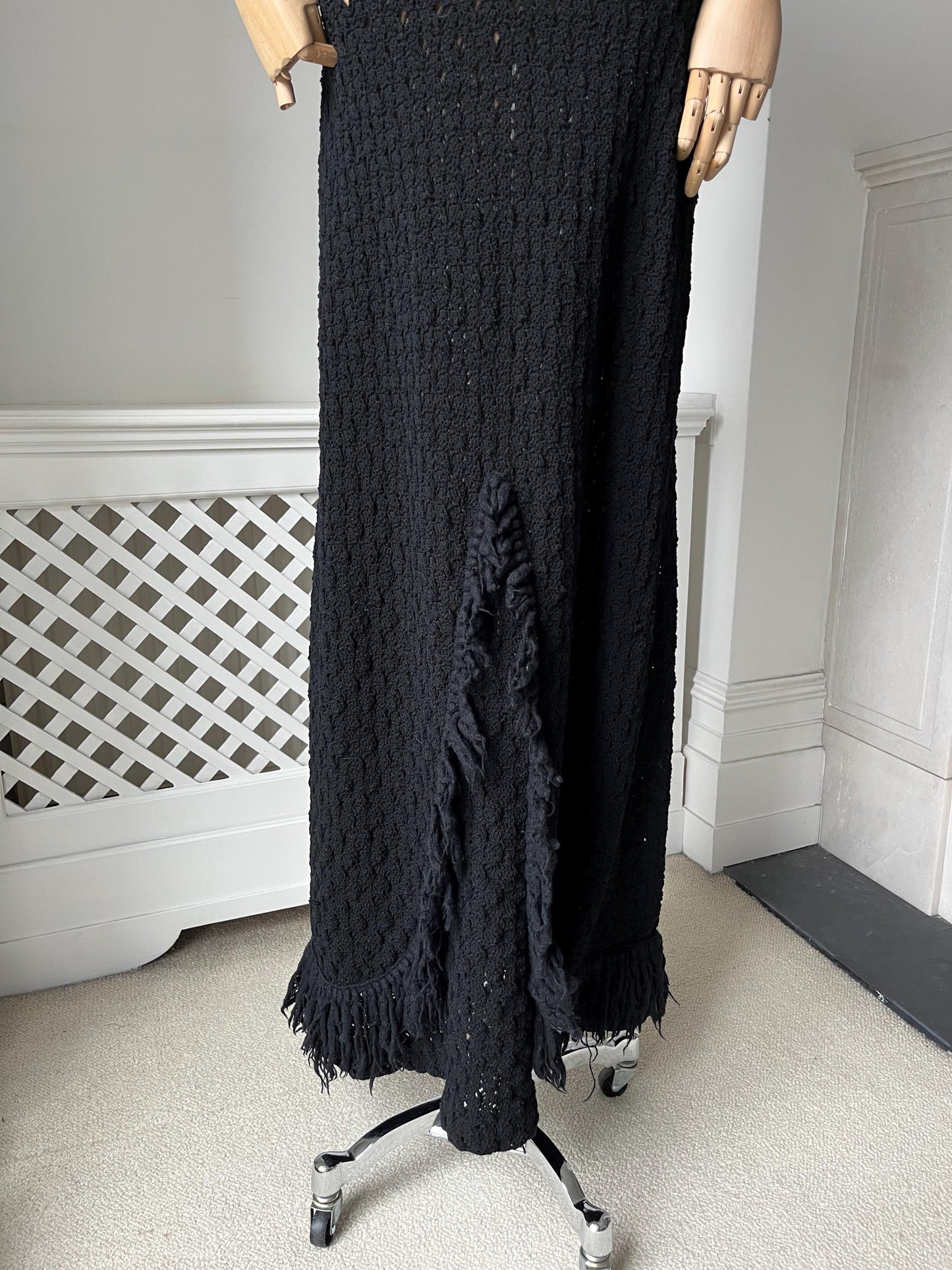 1960s Black Crochet Knit Nude Illusion Maxi Dress