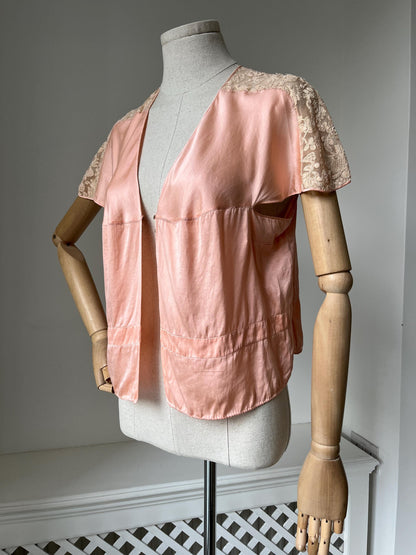 1930s Pink Silk Bed Jacket with Lace
