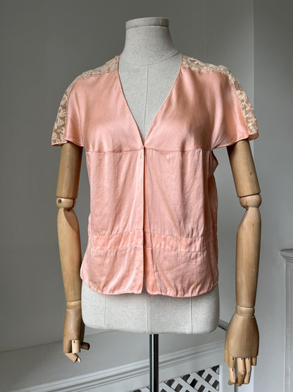 1930s Pink Silk Bed Jacket with Lace