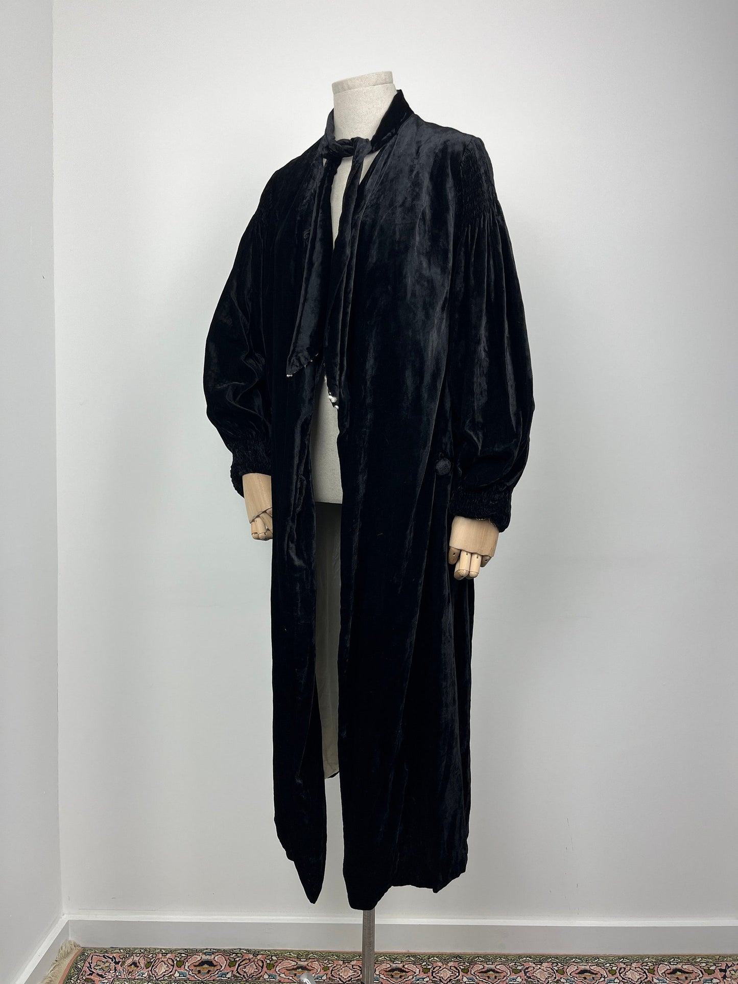 1920s Black Velvet Opera Coat with Tie Neck