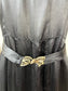 1930s 1940s Black Gleaming Woven Gown with Puffed Sleeves and Belt