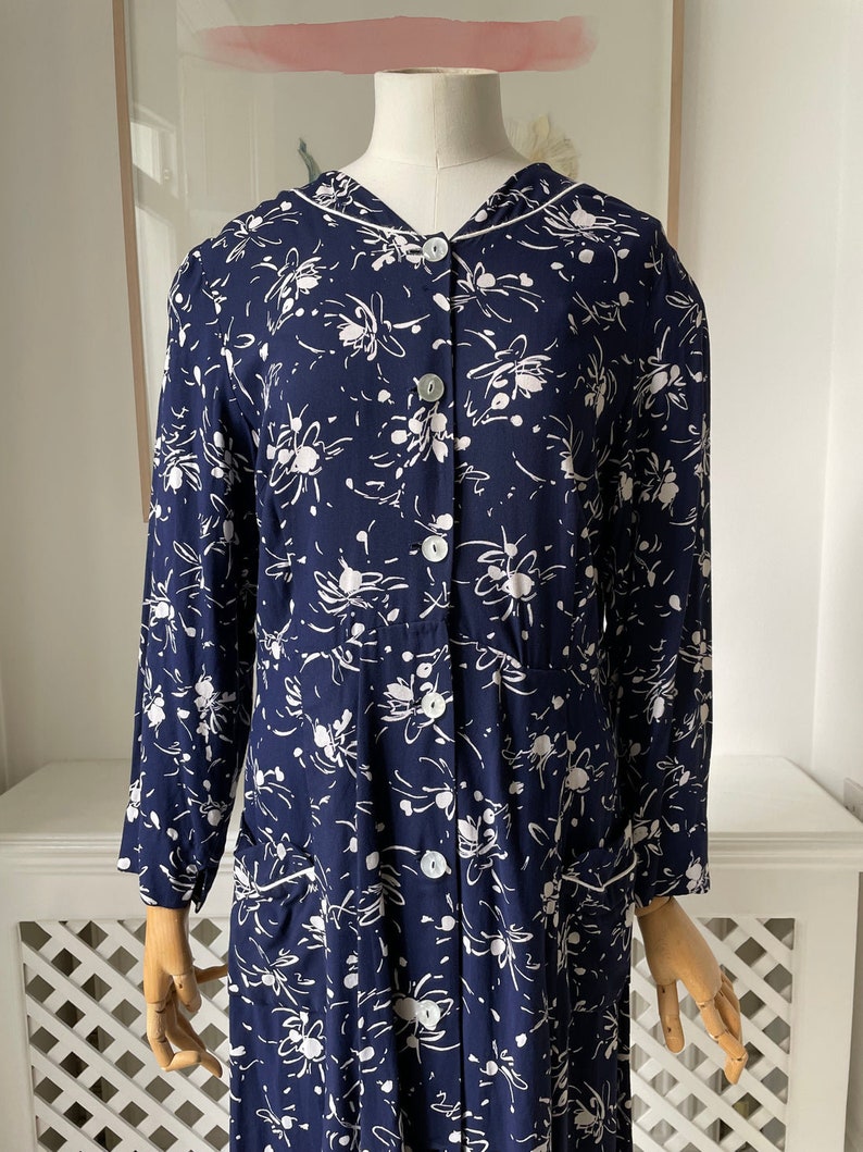 1950s Cotton Navy Floral Day Dress