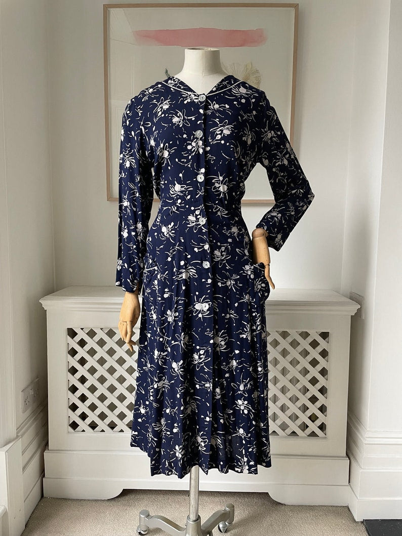 1950s Cotton Navy Floral Day Dress