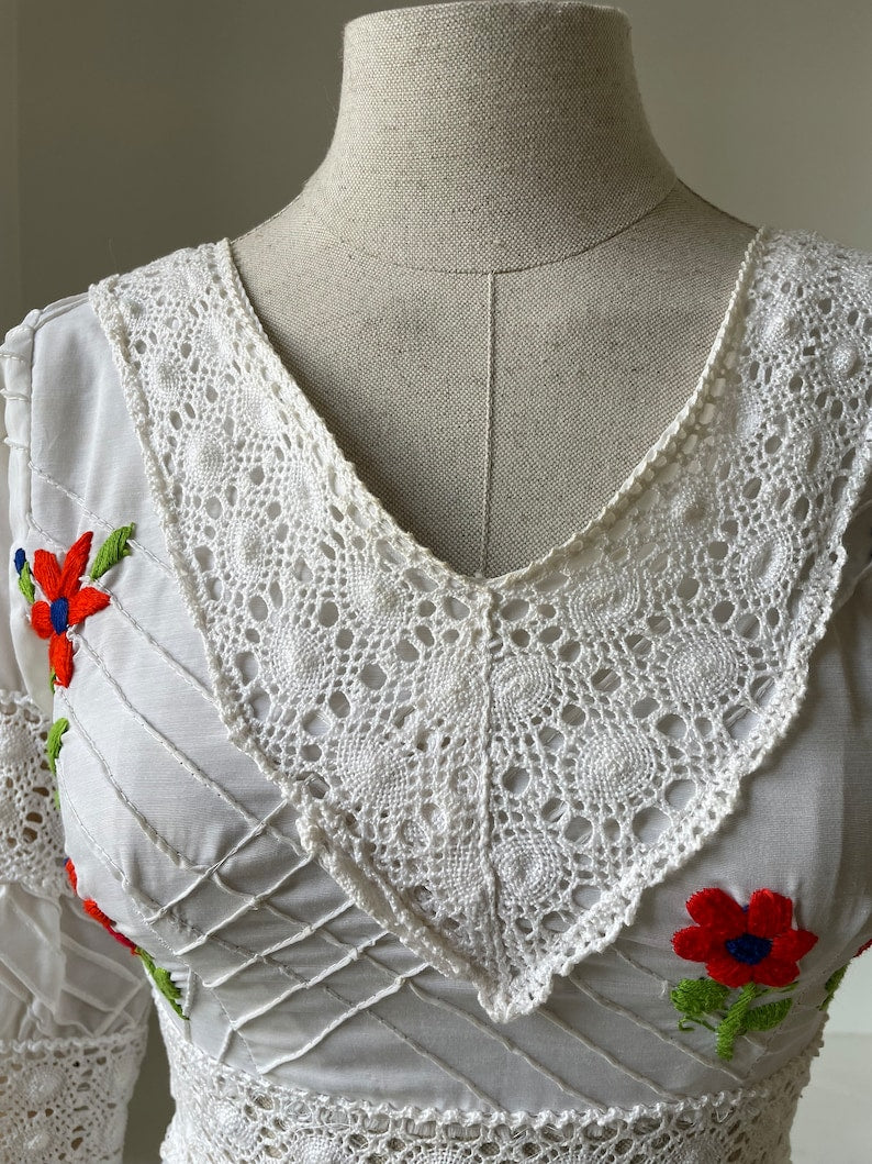 1970s Mexican Folk Dress with Floral Embroidery