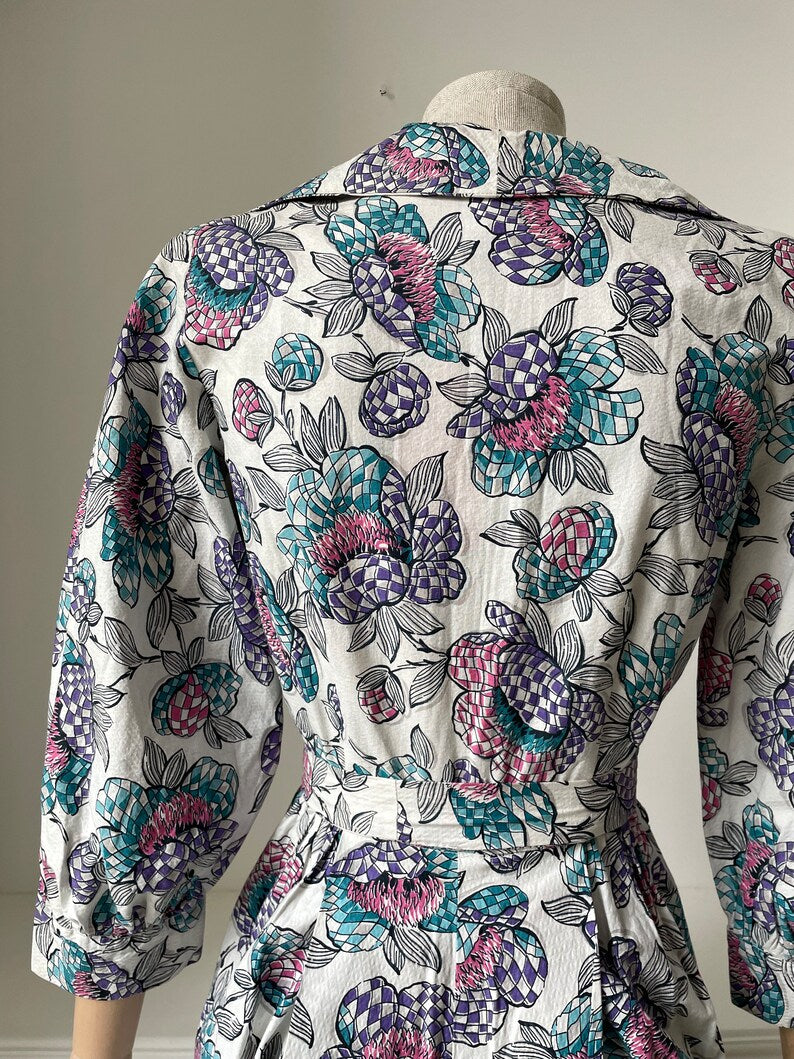 1940s Floral Seersucker Housecoat