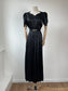 1930s 1940s Black Gleaming Woven Gown with Puffed Sleeves and Belt