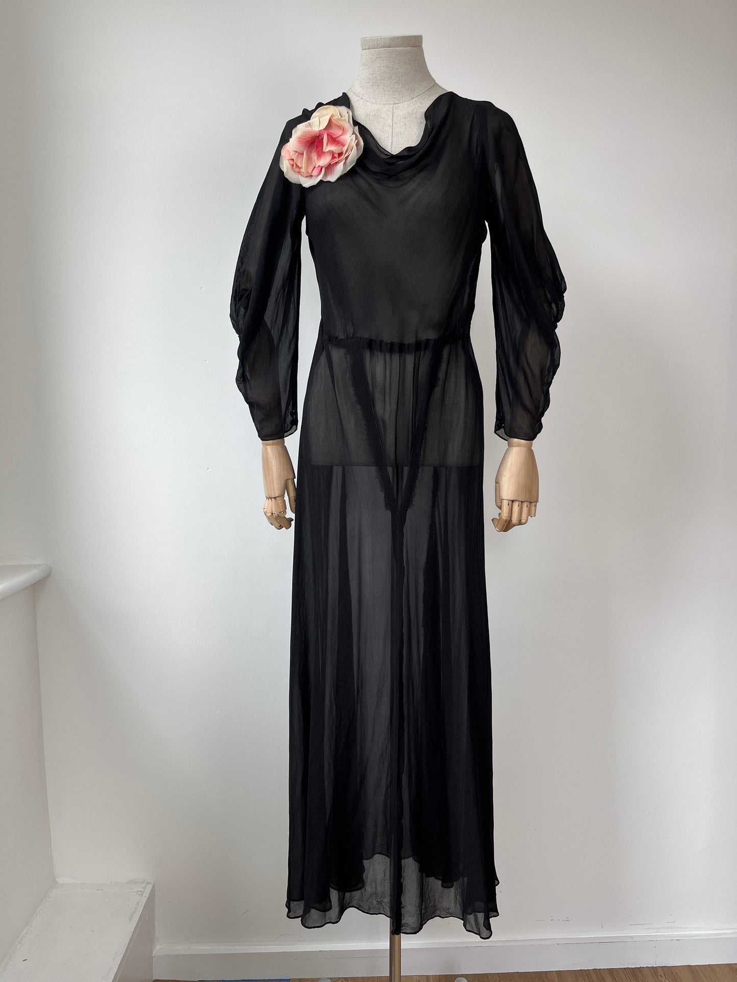 1930s Black Printed Silk Cowl Chiffon Bias Sheer Dress With Original Peony Rosette