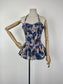 1950s Shirred Midcentury Abstract Blue Print Cotton Bubble Swimsuit