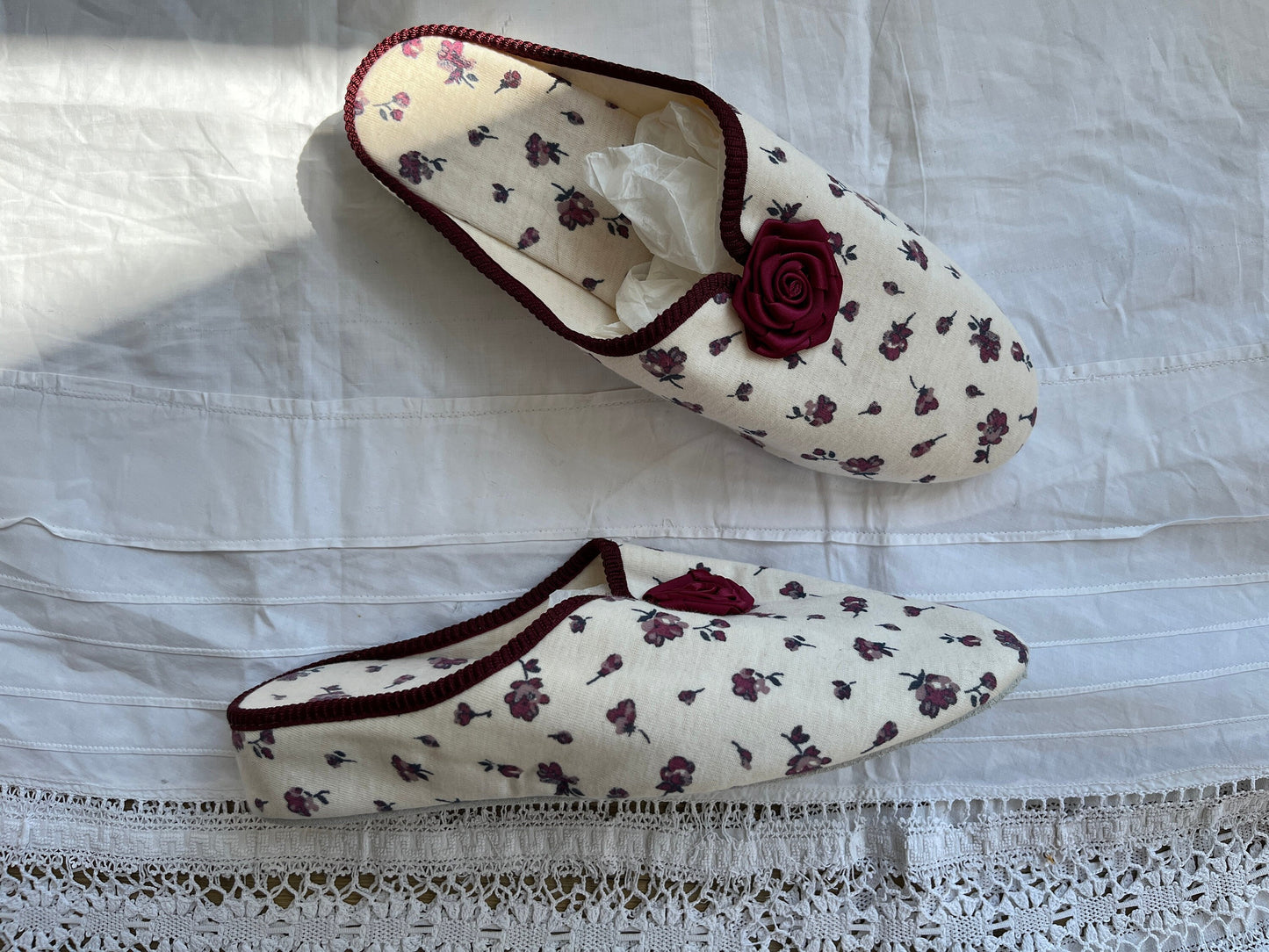 1990s 'St Michael' Deadstock Rose Print and Cream Bedroom Wedge Slipper with Rosette