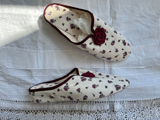 1990s 'St Michael' Deadstock Rose Print and Cream Bedroom Wedge Slipper with Rosette